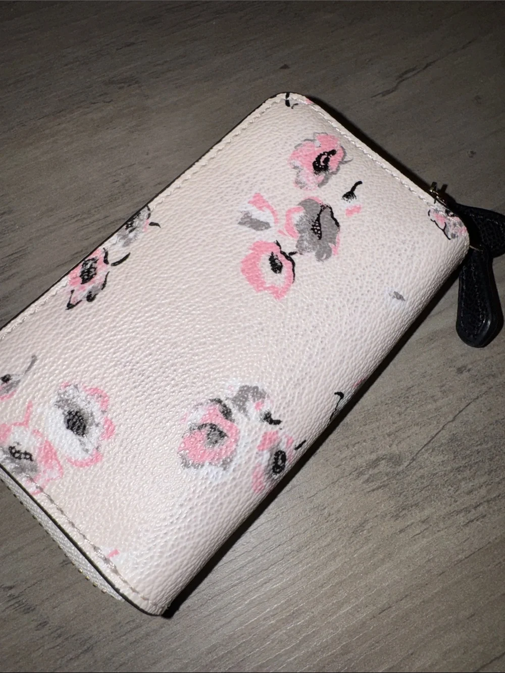 COACH Cream Floral Double Zip Wallet with Pink Accents